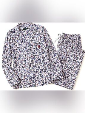 Ralph Lauren Floral Pajama Set Medium Cotton Button Front Drawstring Pants